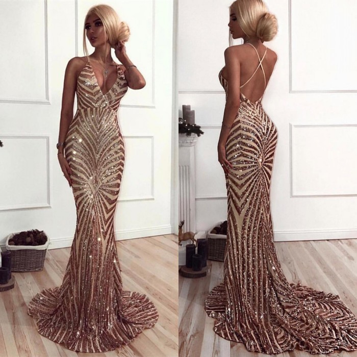 Sexy V-Neck Mermaid Prom Dress | Sequins Long Evening Dress