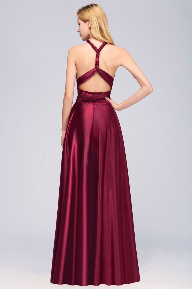 Simple A-Line V-Neck Sleeveless Floor Length Convertible Bridesmaid Dress with Ruffles