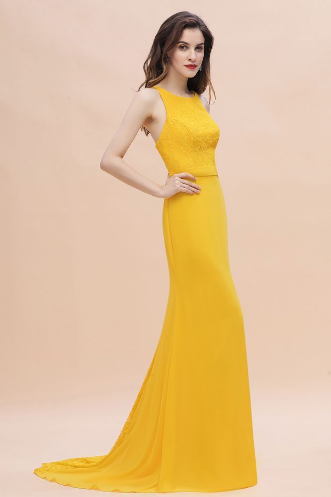 Bright Yellow Jewel Neck Mermaid Bridesmaid Dress Sleeveless Long Wedding Guest Dress