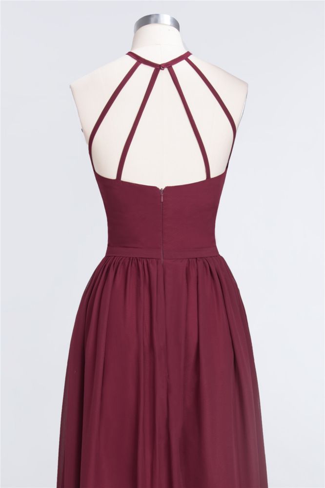 Chiffon A-Line Halter Sleeveless Long Bridesmaid Dress with Ruffles
