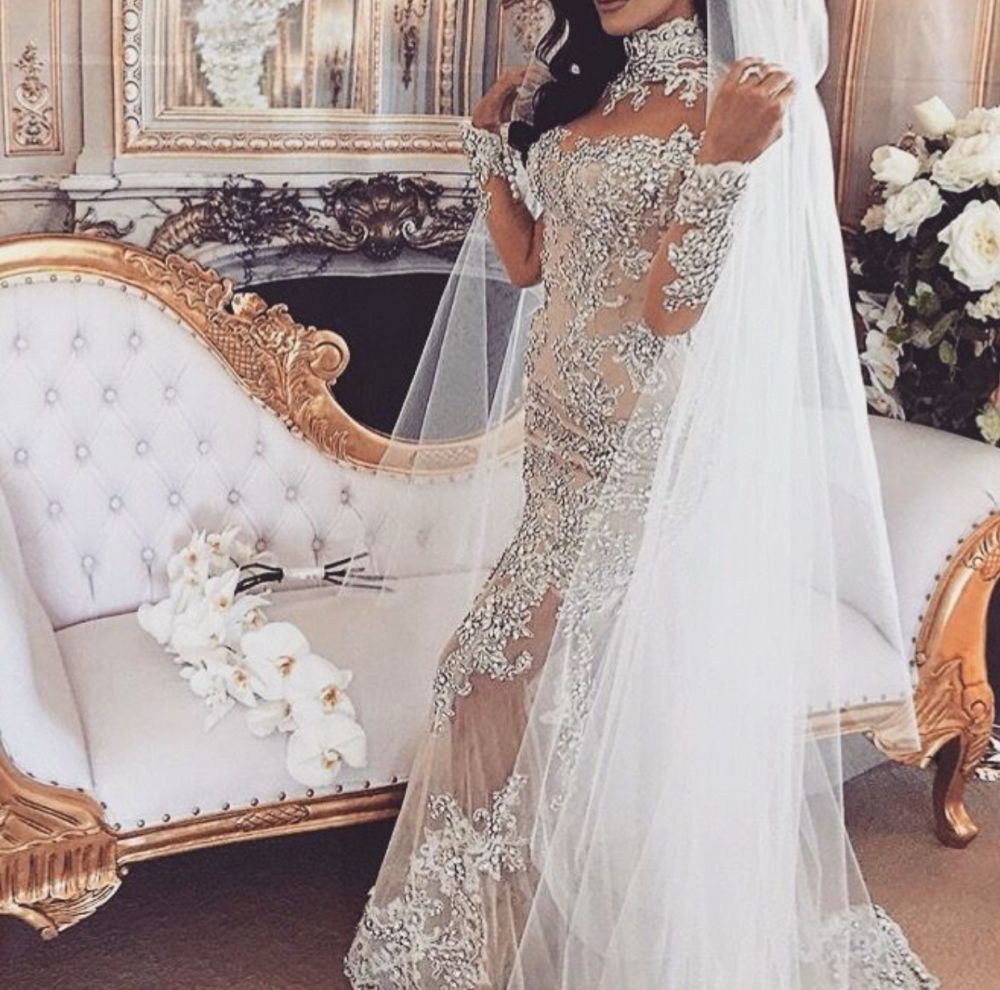Long Sleeve Silver High Neck Popular Evening Dress Lace Mermaid Luxury Wedding Dresses BH-362