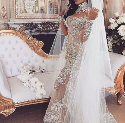 Long Sleeve Silver High Neck Popular Evening Dress Lace Mermaid Luxury Wedding Dresses BH-362