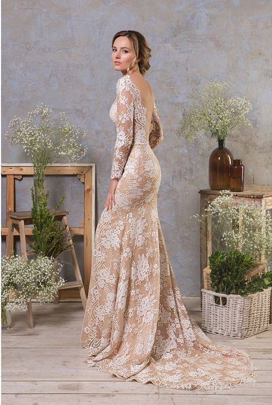 Stunning Floral Lace Pearls Mermaid Bridal Dress with Side Slit Long Sleeves