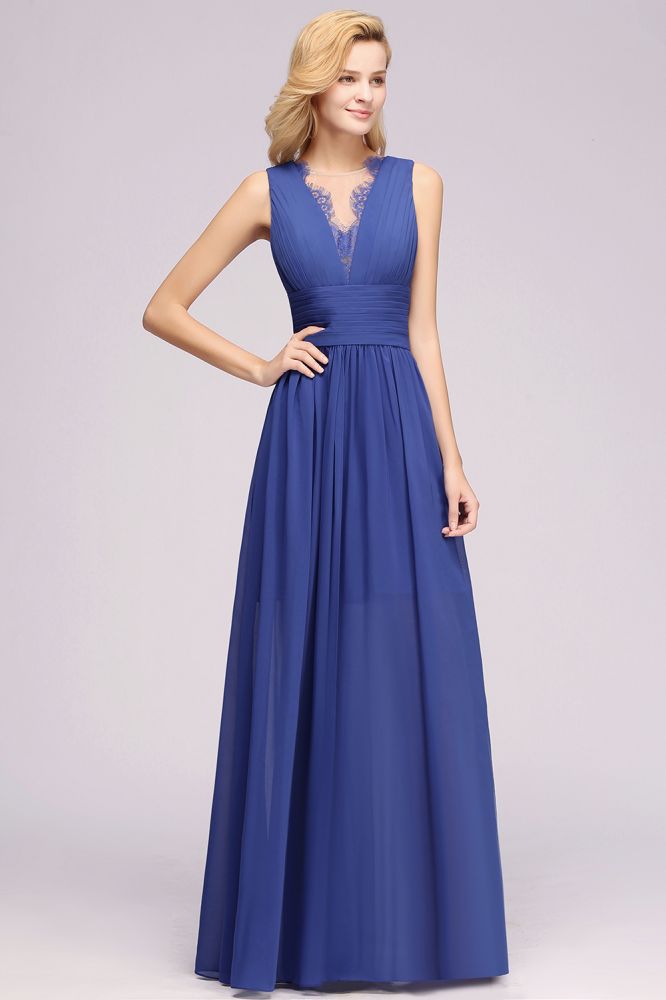 Chiffon Lace Jewel Sleeveless Long Train Ruffles Short Bridesmaid Dress