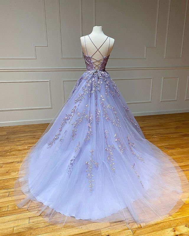 Spaghetti Straps Floral Lace Aline Evening Gown Sleeveless Prom Dress