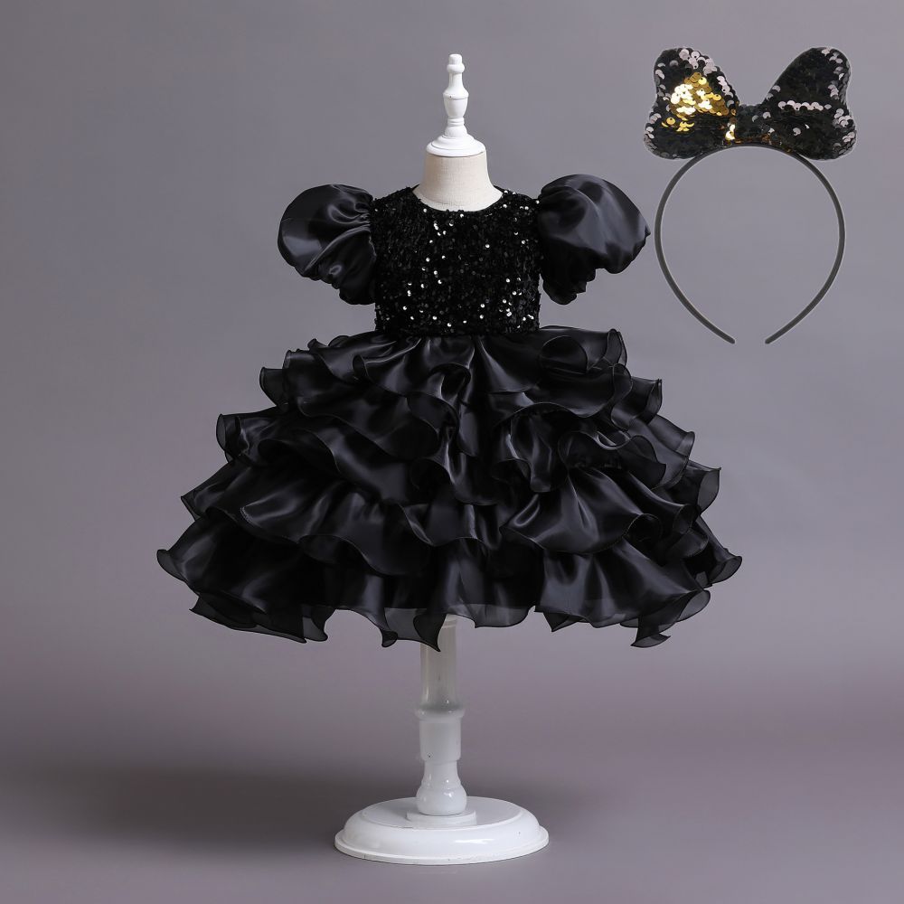 Navy blue cap sleeves ruffle luxury flower gril dress