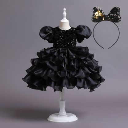 Navy blue cap sleeves ruffle luxury flower gril dress