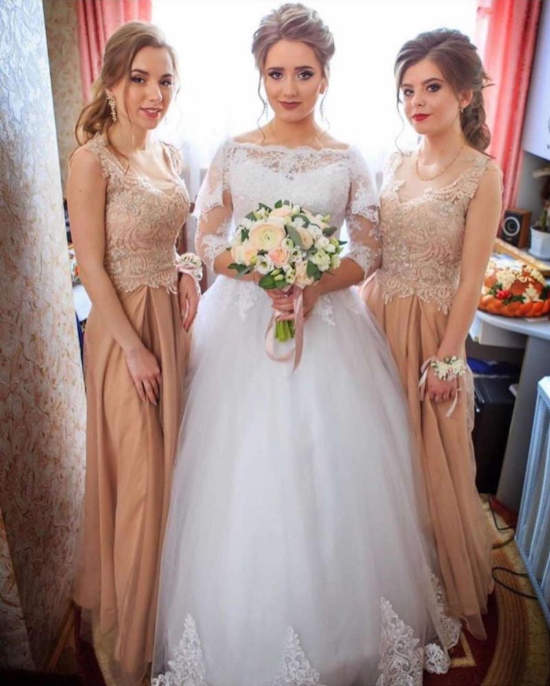 Lace Appliques Long Sleeve Wedding Dresses | Tulle Floor Length Bridal Gowns