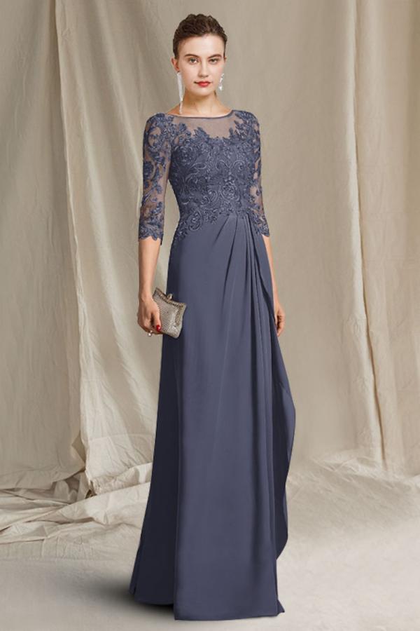 Fashionable Jewel Neck 3/4 Long Sleeves Floor-Length A-Line Chiffon Prom Dresses