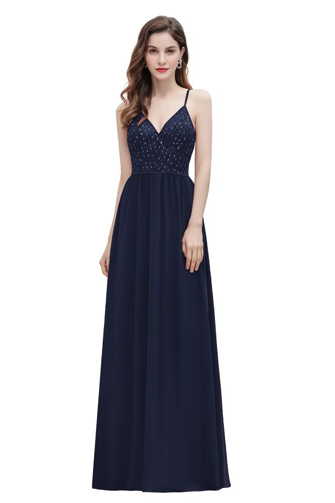V-Neck Straps A-line Bridesmaid Dress Sequins Evening Dress