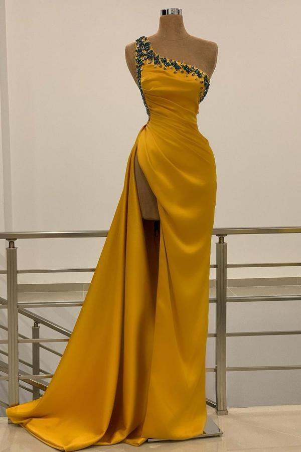 Elegant One Shoulder Beading Mermaid Evening Dress with Side Sweep Cape