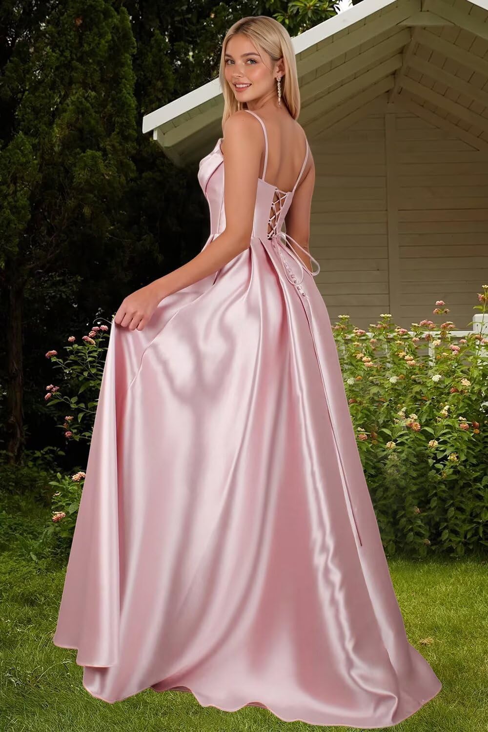 Spaghetti Straps Ruched Satin Prom Dresses Sleeveless Maxi Formal Evening Gown with Slit