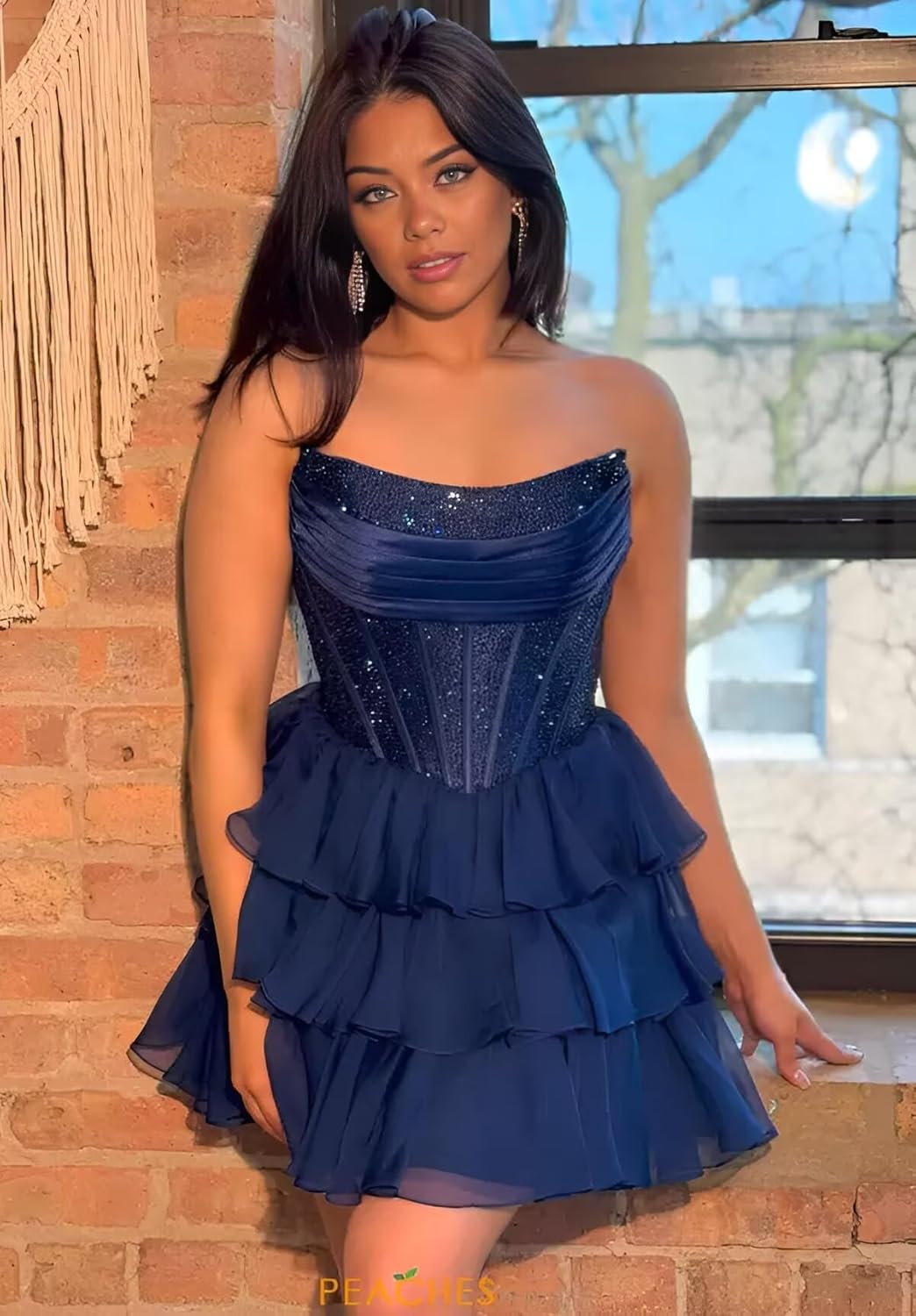 Strapless Sequin Chiffon Tiered Homecoming Dresses| A-Line Ruched Corset Short Prom Dresses