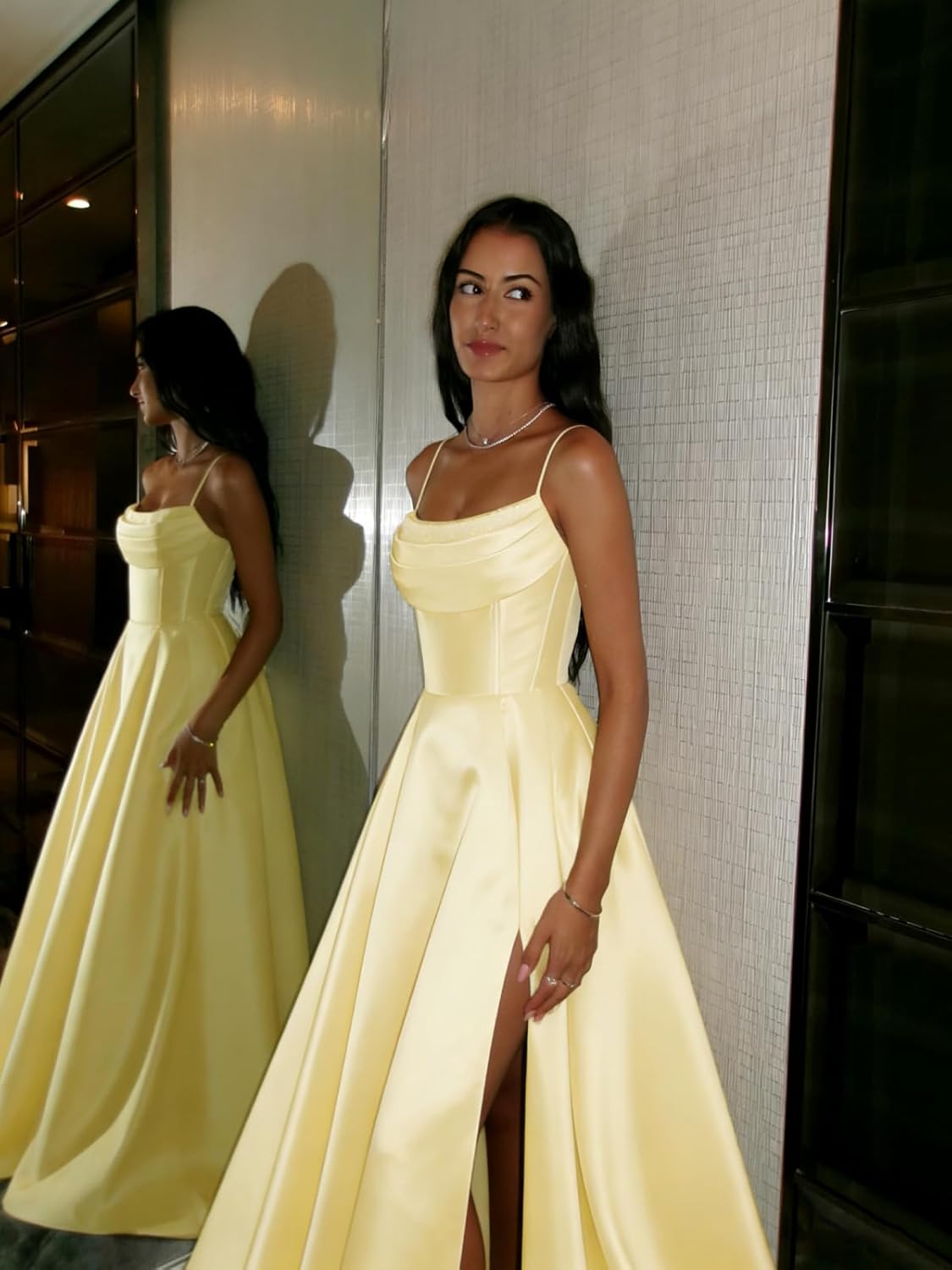 Spaghetti Straps Ruched Satin Prom Dresses Sleeveless Maxi Formal Evening Gown with Slit