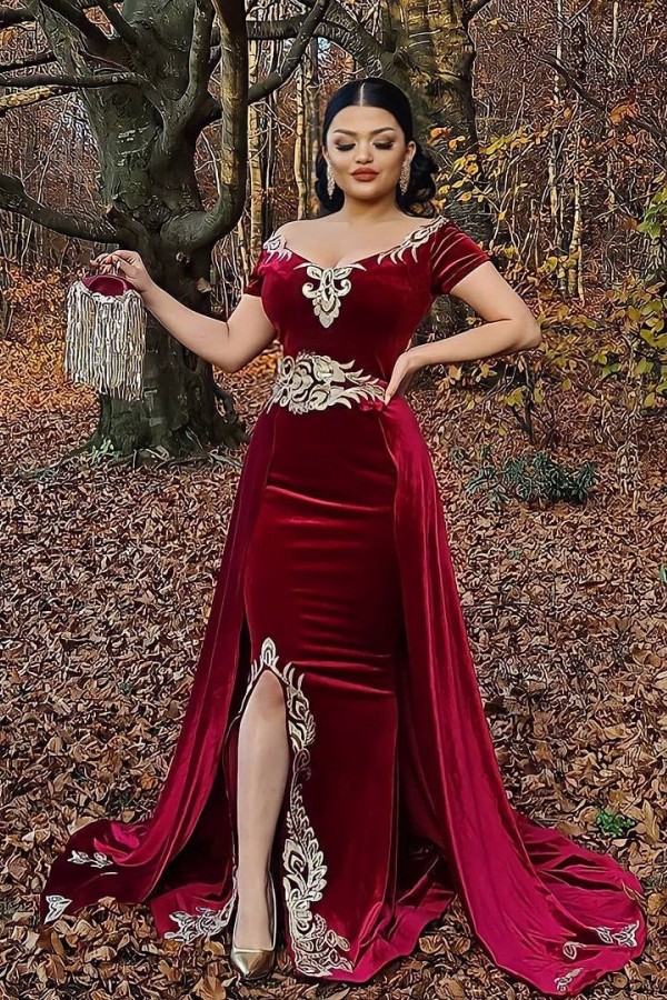 Off Shoulder Burgundy Velvet Mermaid Evening Dress with Gold Appliques Detachable Train