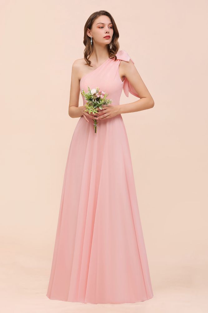 One Shoulder Soft Chiffon Bridesmaid Dress Pink Maid of Honor Dress