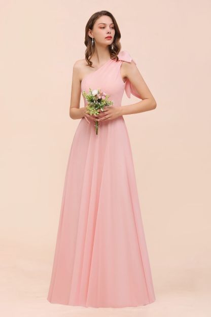 One Shoulder Soft Chiffon Bridesmaid Dress Pink Maid of Honor Dress