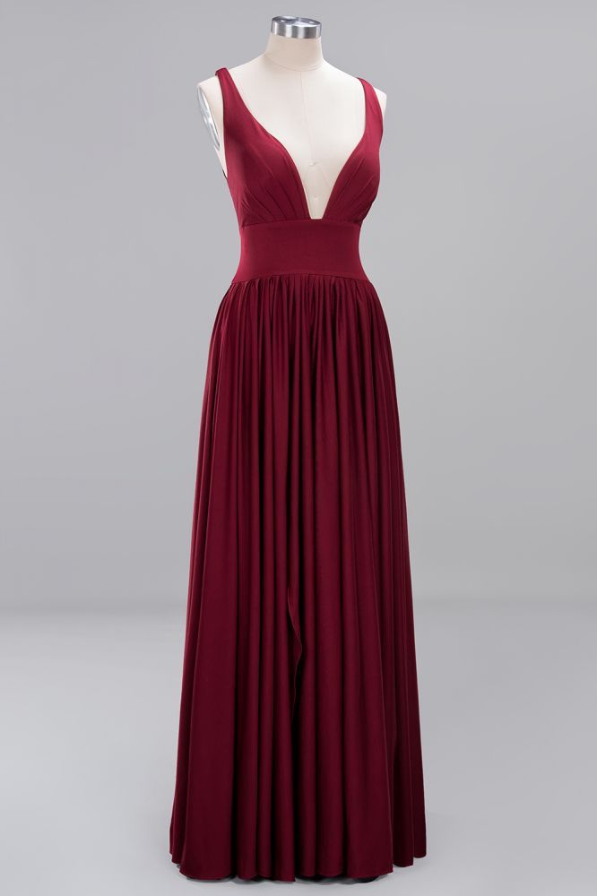 A-Line Jersey V-Neck Sleeveless Long Bridesmaid with Ruffles