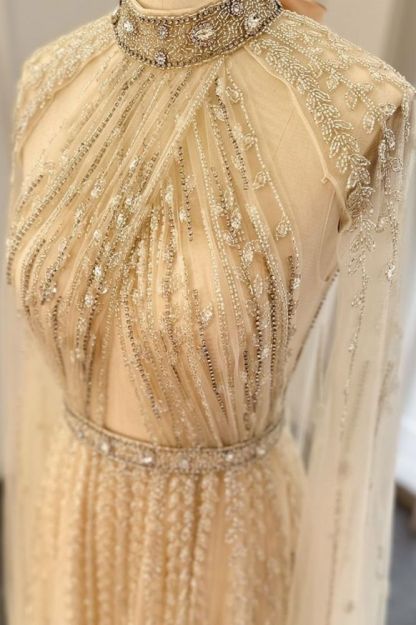 Halter Tulle Beadings Floor-Length Evening Dress with Cap Sleeves Tulle Party Dress