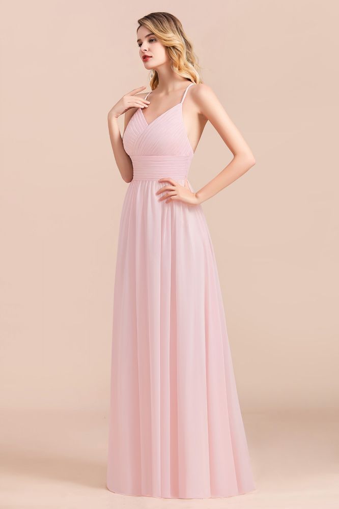 Romantic Spaghetti Straps Pink Chiffon Bridesmaid Dress Aline V-Neck Evening Swing Dress
