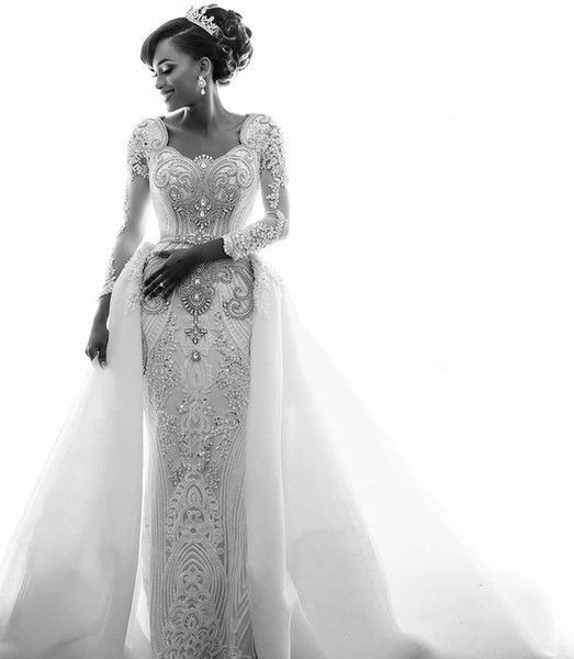 Mermaid Wedding Dresses with Trendy Overskirt | Beads Lace Appliques Long Sleeve Bridal Gowns