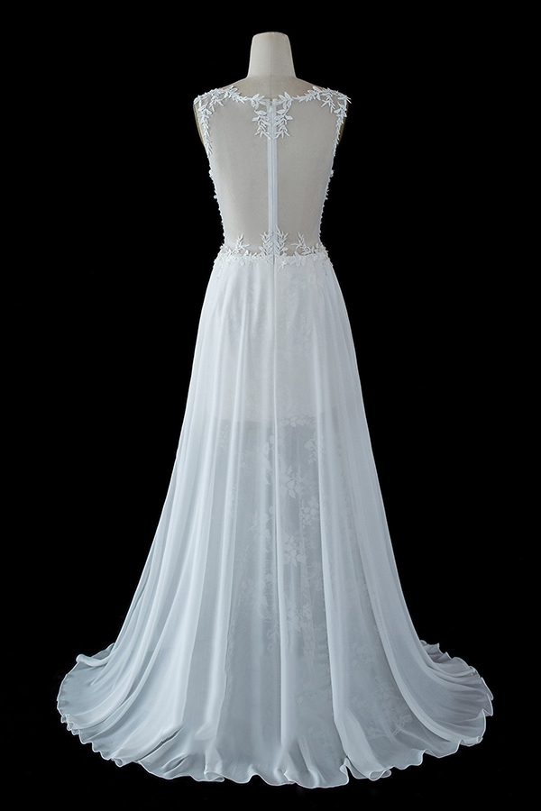 V-neck Lace Sleeveless White Chiffon Wedding Dresses