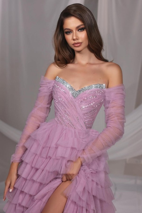 Strapless Lilac Puffy Evening Dresses Side Split with Sparkly Crystals
