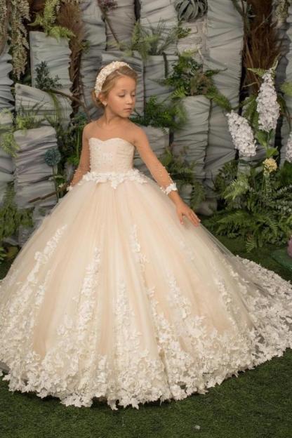 Elegant Princess Flower Girl Dresses with Long Sleeves Floral Tulle Appliques Birthday Party Dress for Kids-Babyonlinewholesale