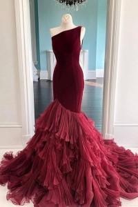 One shoulder Burgundy Ruffles Evening Dresses