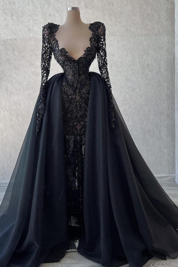 Deep V-neck Long sleeves Black Ball Gown Prom Dresses