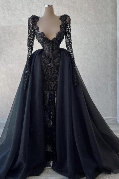 Deep V-neck Long sleeves Black Ball Gown Prom Dresses