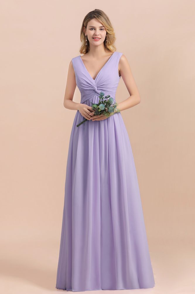 Lilac V-Neck Aline Evening Dress Sleeveless Chiffon Bridesmaid Dress