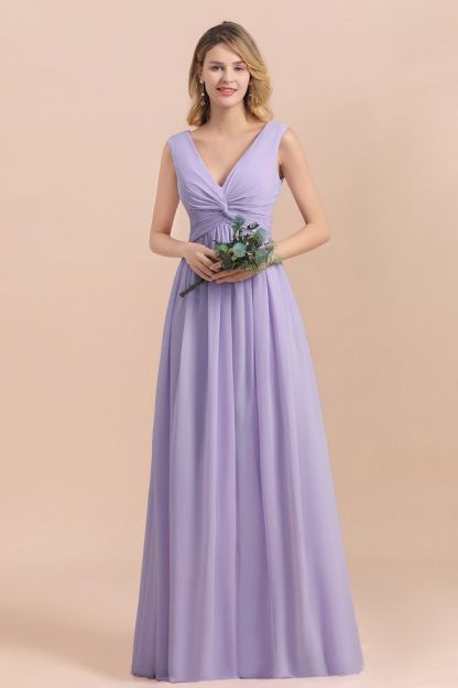 Lilac V-Neck Aline Evening Dress Sleeveless Chiffon Bridesmaid Dress