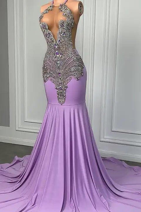 Lilac Sweetheart Satin Beaded Mermaid Prom Dresses