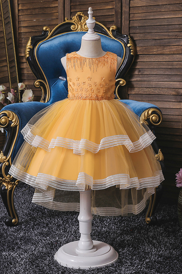 Round neck blue sleeveless ruffles a-line flower girl dress