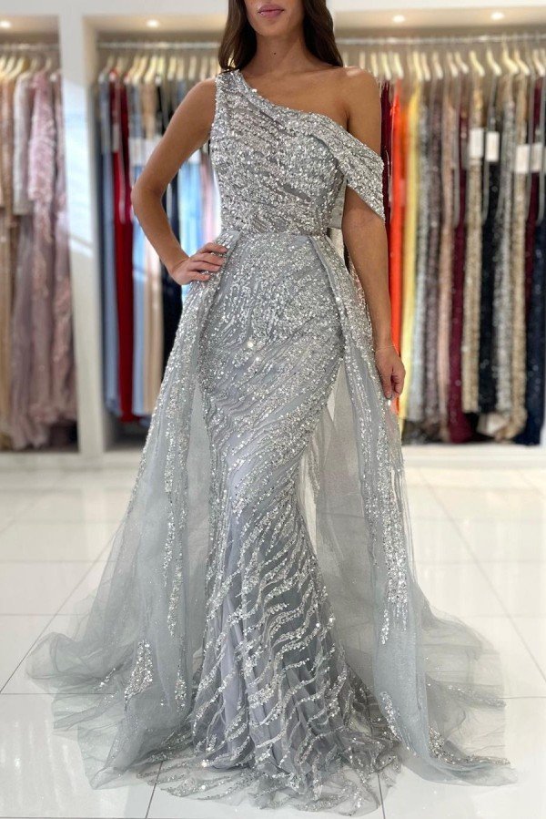 Silver Grey One Shoulder Sequined Floor Length Prom Party Dress