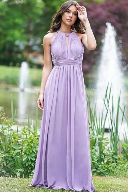 Lavender Chiffon High neck belt Evening Dresses