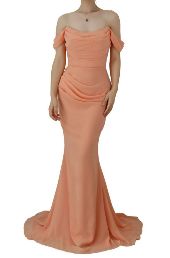 Off the shoulder Orange Mermaid Long Prom Dresses