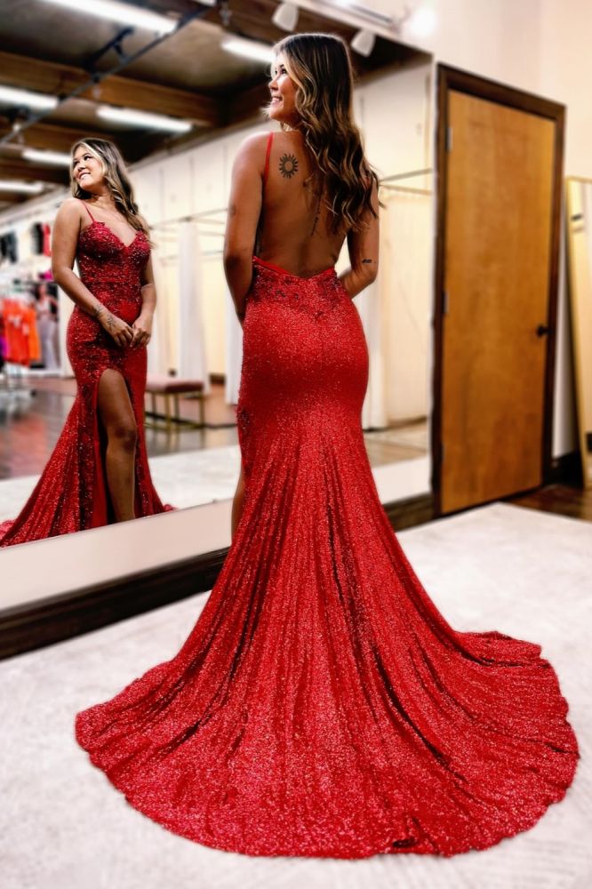 Sexy Low Back Burgundy Mermaid High Split Prom Dresses