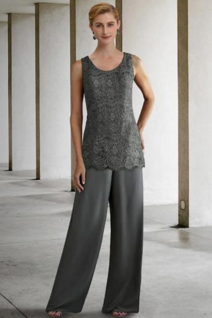 Elegant illusion Lace Two Piece Silver Mother of the Bride Dress Wedding party Wear Dress