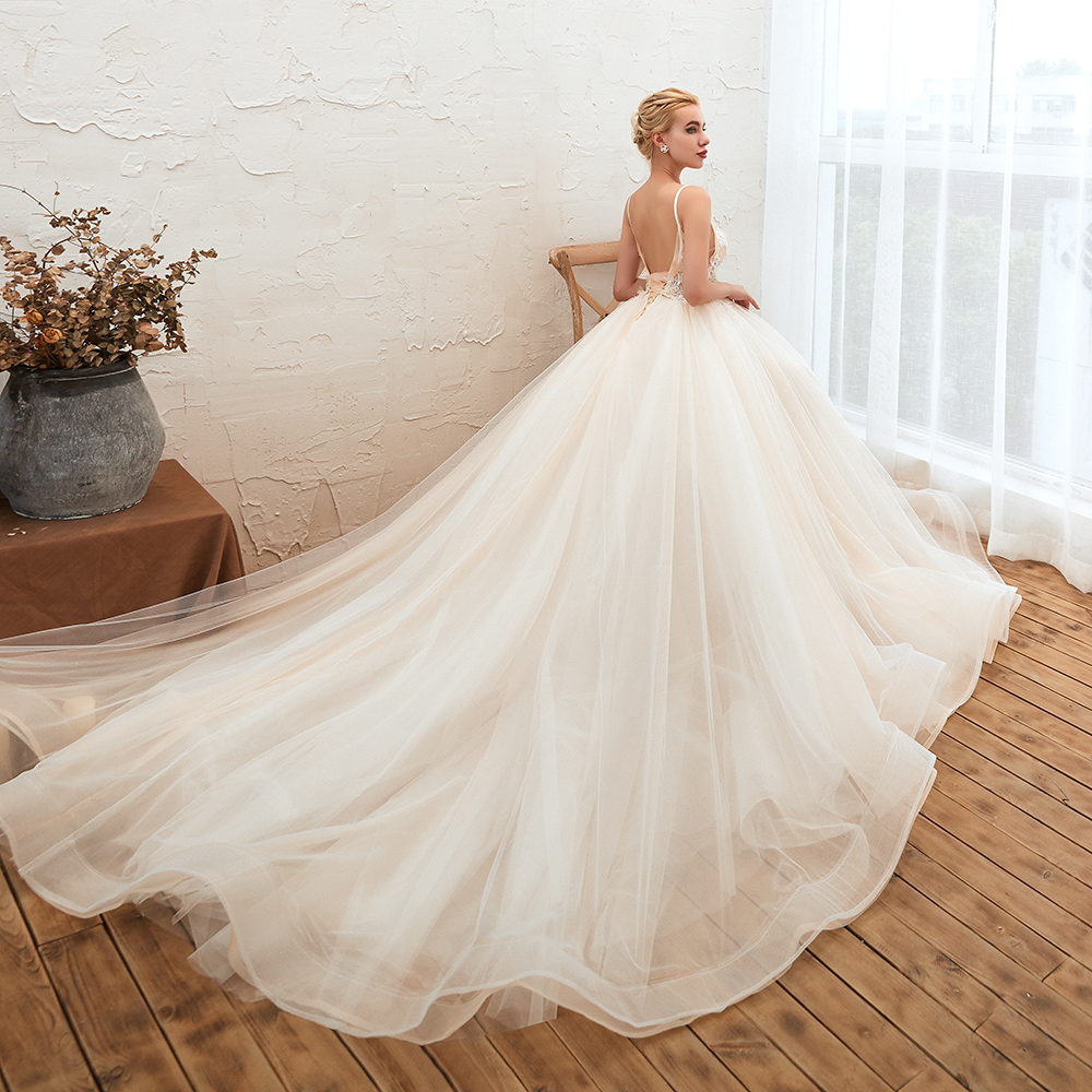 Boho Spaghetti Straps Ivory Ball Gown Wedding Dress | Romantic Bridal Gowns for Sale