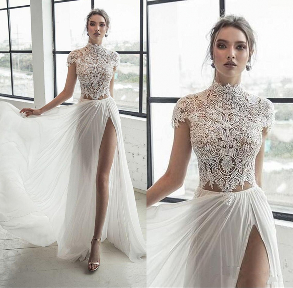 High neck Cap sleeves Ivory Chiffon Split Wedding Dress | Elegant Long Bridal Gown
