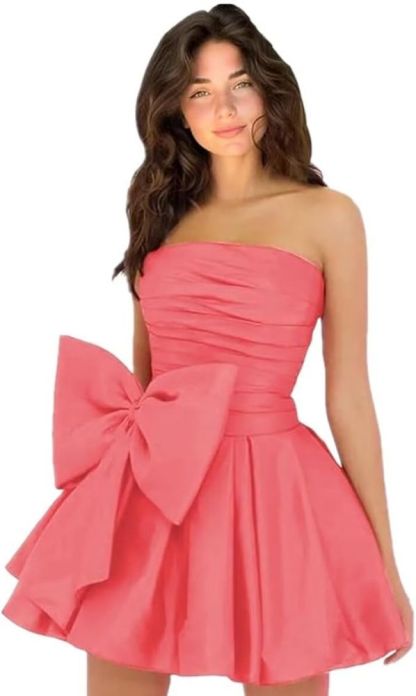 Chic Ruched Satin Short Homecoming Dresses Strapless Knee Length Party Dress with Bow