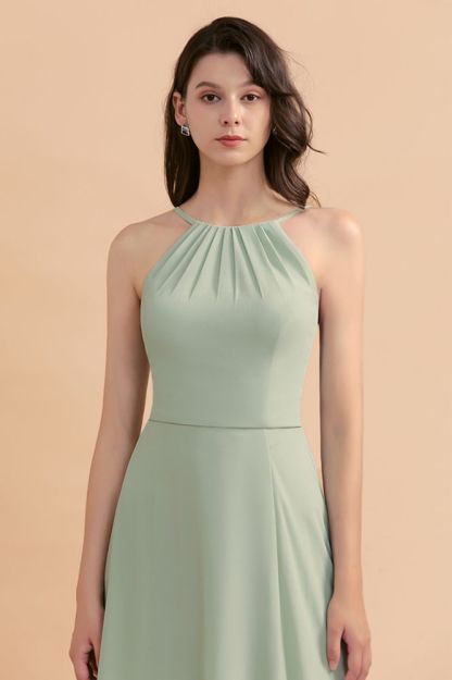 Halter Mint Green Aline Wedding Guest Dress Sleeveles Long Banquet Dress with Side Slit