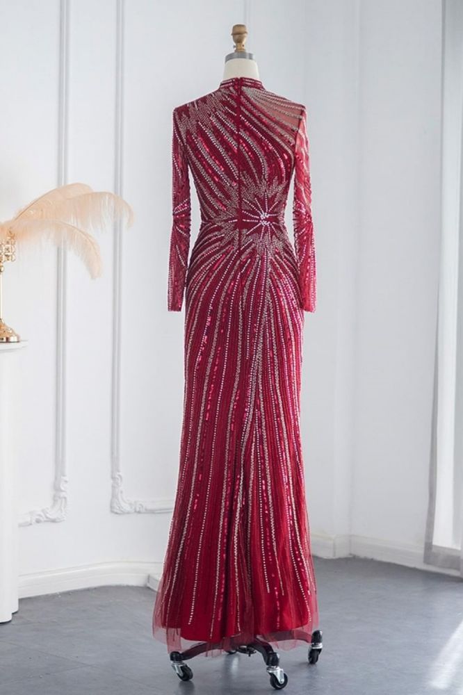 Elegant High Neck Long Sleeves Beading Mermaid Evening Gowns with Crystals Sash