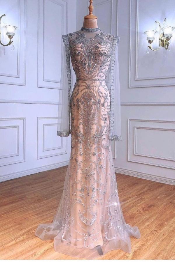 Luxury Sparkly Sequins Beads Long Mermaid Evening Gown Long Sleeve