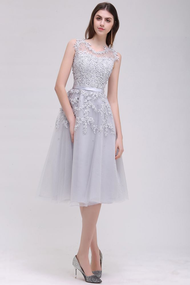 EMORY | A-Line Crew Tea Length Lace Appliques Short Prom Dresses