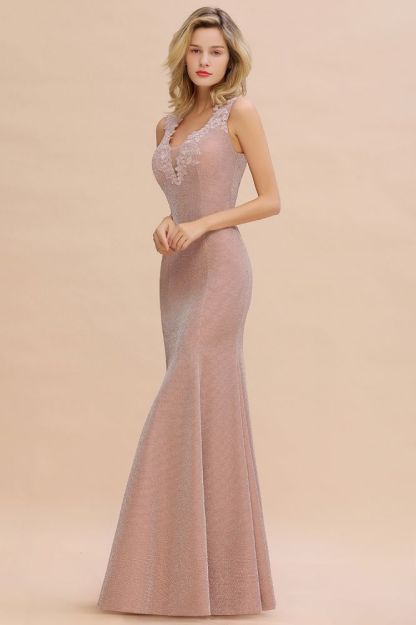 Sparkly Deep V-neck Long Evening Dresses | Elegant Flowers Neck Sleeveless Pink Floor-length Formal Dress-Babyonlinewholesale