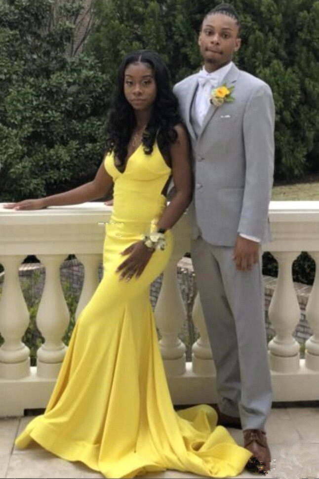 Sexy Backless V-neck daffodil Affordable Mermaid Prom Dress Online