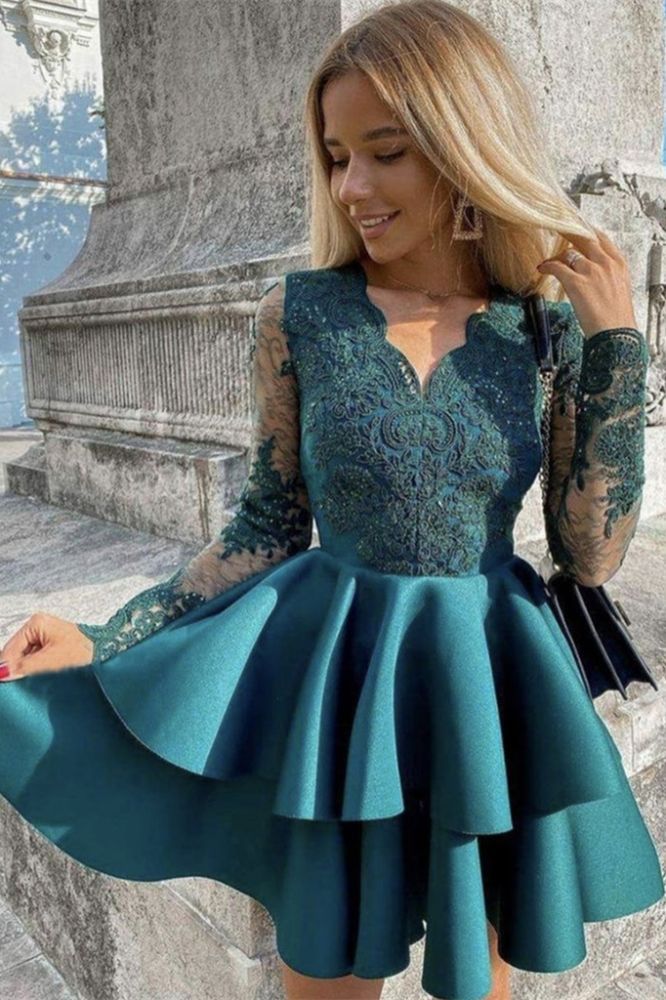 Dark Green Puffy Satin Ruffles Long Sleeves Homecoming Dresses